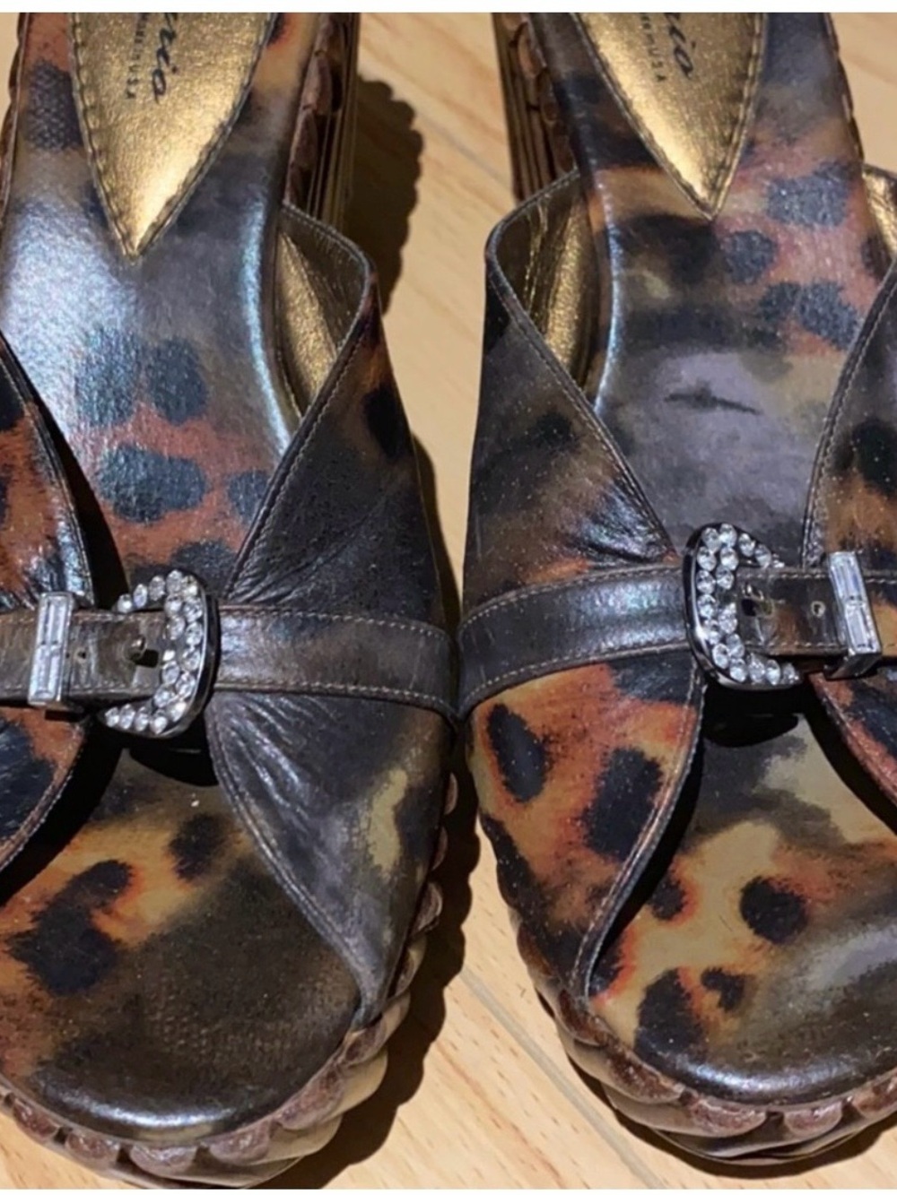 Leopard Print Leather Wedge Sandals with Rhinestone Buckle - Picture 2 of 5